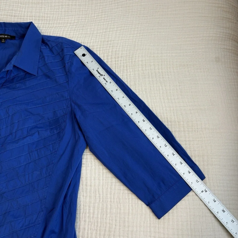 Lafayette 148 New York Shirt Womens 14 Blue Button Front Short Sleeve Career - Picture 10 of 10